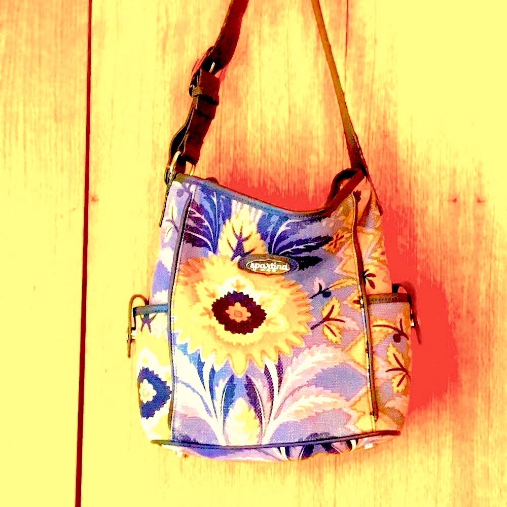Spartina 449 Charmed Silver Dew linen leather shoulder bucket bag purse gray